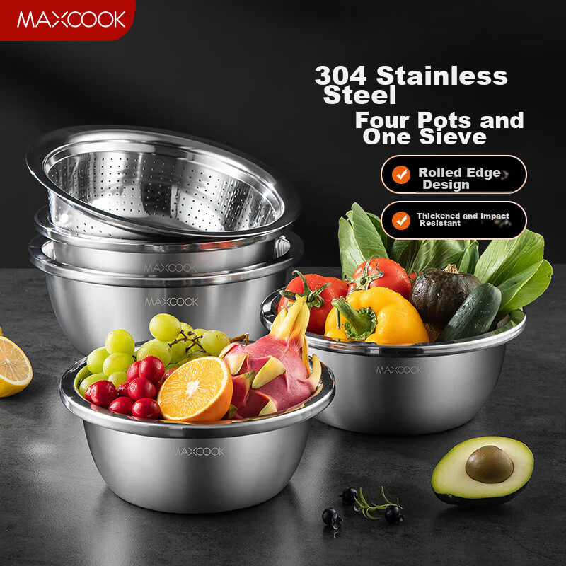 MAXCOOK 304 Stainless Steel Bowl And Strainer Set, Five-Piece Thickened Salad Bowl, Seasoning Bowl, Vegetable Washing Bowl, Rice Strainer And Flavor Bowl Set MCWA550