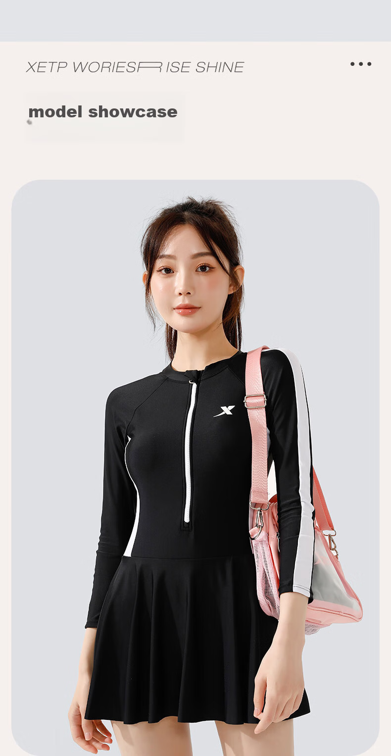 XTEP XTEP Summer One-Piece Swimsuit with Skirt for Women, Long-Sleeve Beach Hot Spring Swimwear, Black, Size L 13