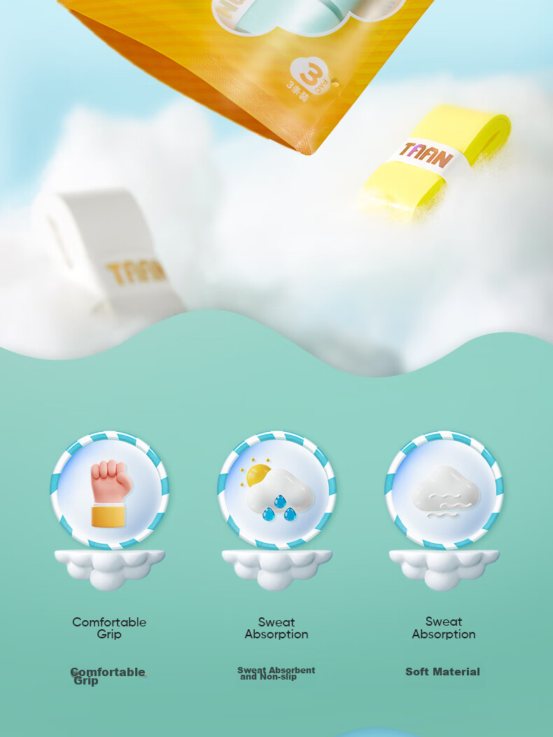 Taan Badminton Grip, Flat Micro-Grip, Sweat-Absorbing, Breathable Cloud Grip H19 White Three-Pack 2