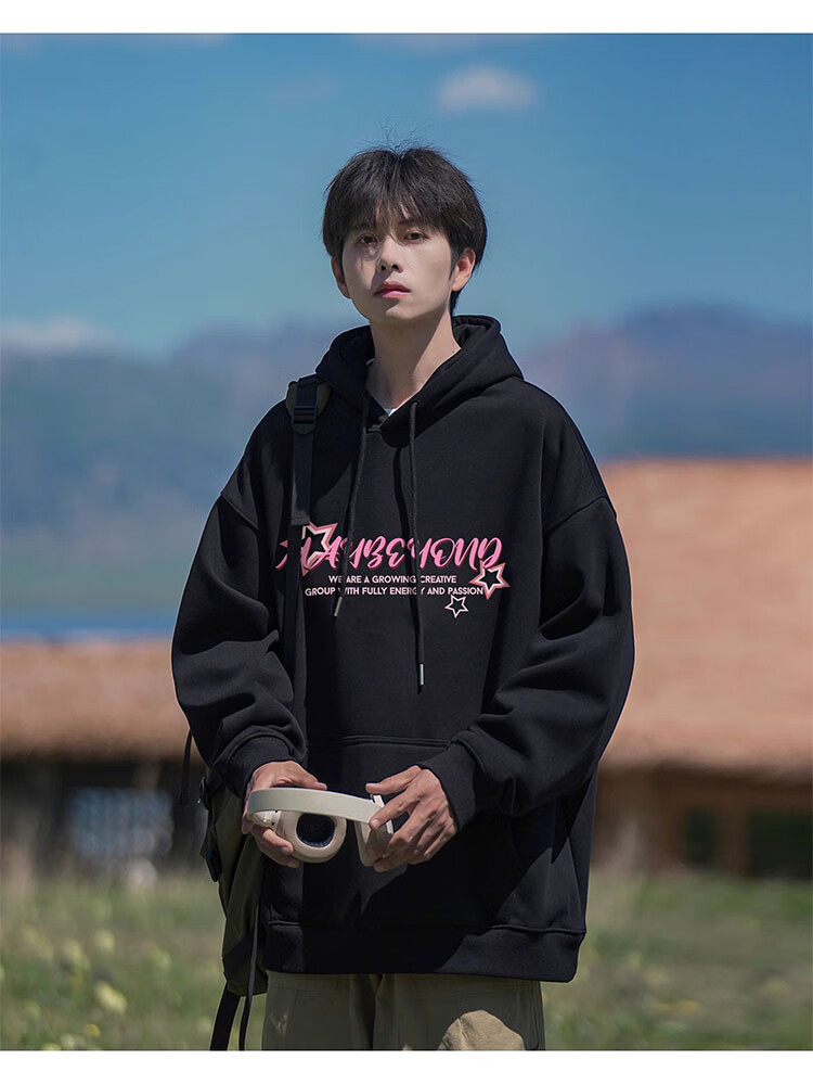 MAYBEYOND Hooded Sweatshirt for Men, Trendy Autumn And Winter American-Style Hoodie, Hong Kong Style Loose-Fitting Couple's Top, MA47 Black XL 5