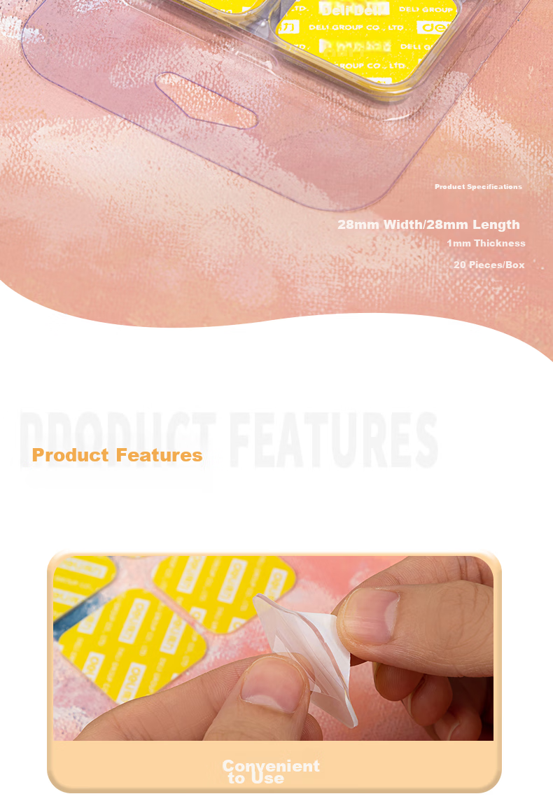 Deli Strong Nano Adhesive Tape, Nail-Free Double-Sided Tape, Transparent Glue, 28mm*28mm, High Viscosity, for Posters And Spring Festival Couplets, 20 Pieces, 33607 3