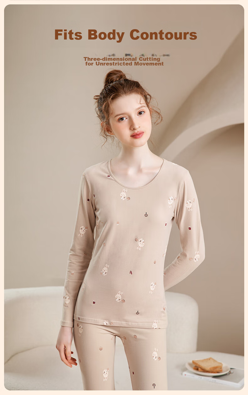 Fenteng Women's Thermal Underwear Pure Cotton 2025 New Style [Light Warm Underwear] Round Neck Small Floral Autumn Top and Bottom Set 7