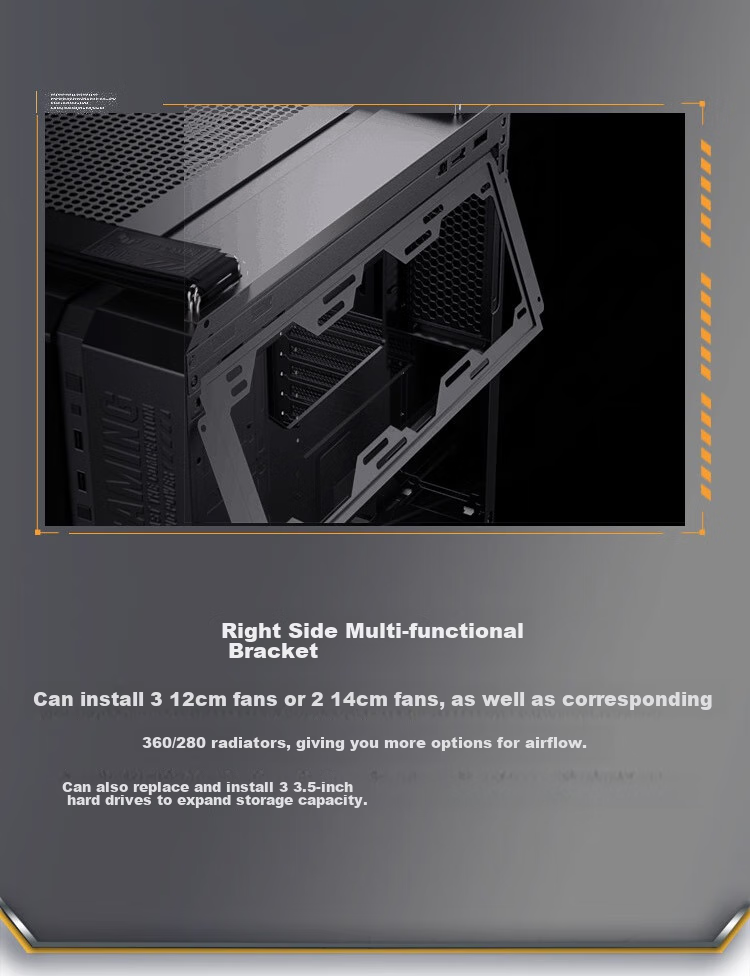 ASUS TUF GAMING GT502 White Arsenal Case, White Cables, Dual-Chamber Design, Tool-Free Disassembly, White Seaside View, Innovative Cooling, GPU Bracket 7