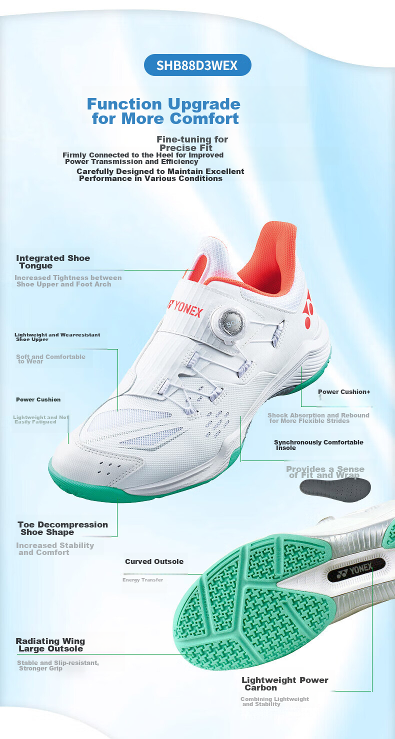 YONEX Badminton Shoes, Professional Competition Power Cushion, Shock-Absorbing, Wear-Resistant, Non-Slip, SHB88D3EX, Light Blue, Size 42 3