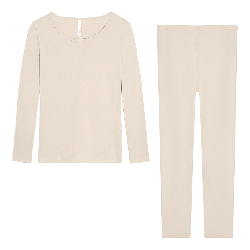 Hodo Women's Autumn Underwear Set, Solid Color Cotton-Spandex Round Neck Thin Thermal Underwear, Oatmeal Color, Size 160