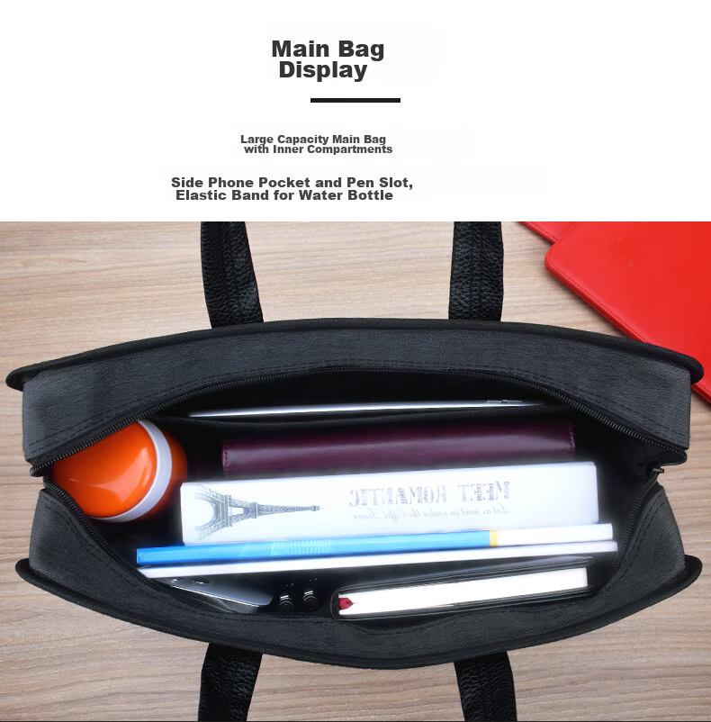 Bailiwen H8118 Black 3D Enlarged Double-Layer Handbag, Document Bag, File Bag, Zipper Bag, Business Handbag, Briefcase, Travel Commute Tote Bag 4