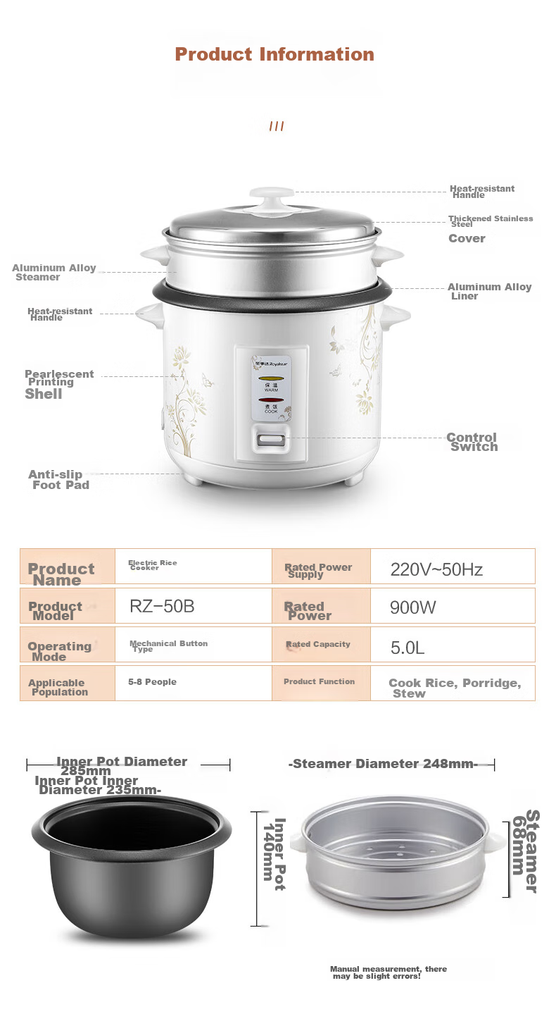 Royalstar Home Rice Cooker for 4-5 People, Traditional Old-Style Electric Rice Cooker with Straight Pot Design, One-Touch Operation, Firewood Rice, Automatic Heat Preservation, Simple to Use for Elderly, Includes Steamer Basket, 5 Liters RZ-50B 17
