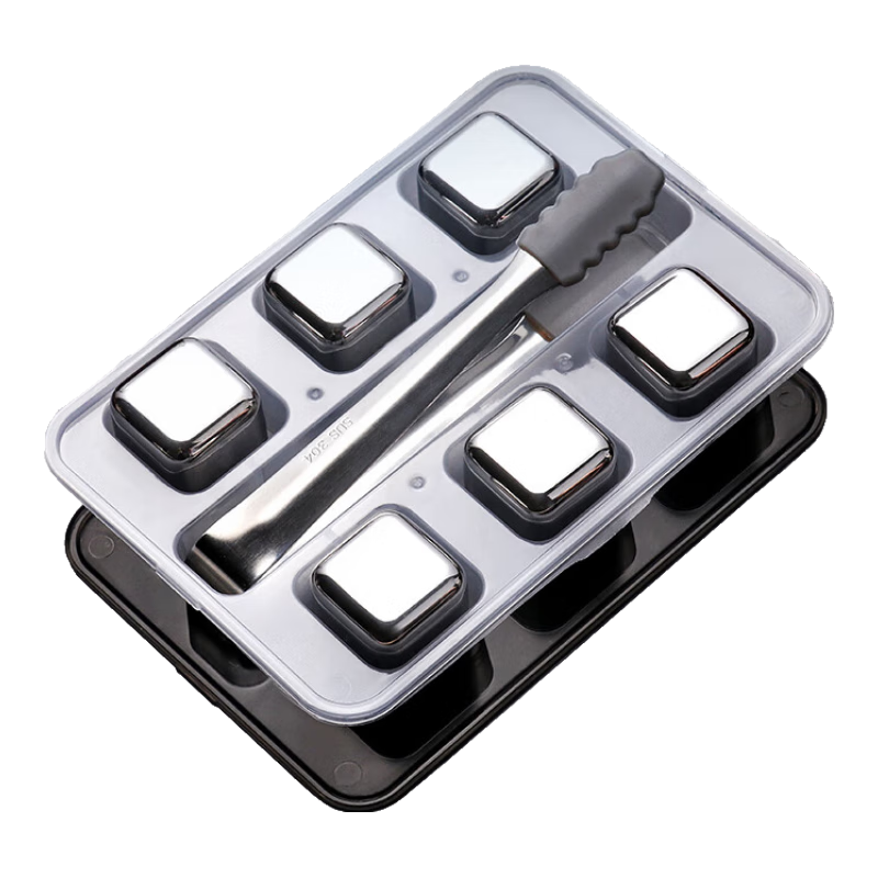 BJ 304 Stainless Steel Ice Cube Tray, Square Ice Mold, Quick-Cooling Metal Ice Cubes, 6-Piece Set with Ice Tongs And PP Box