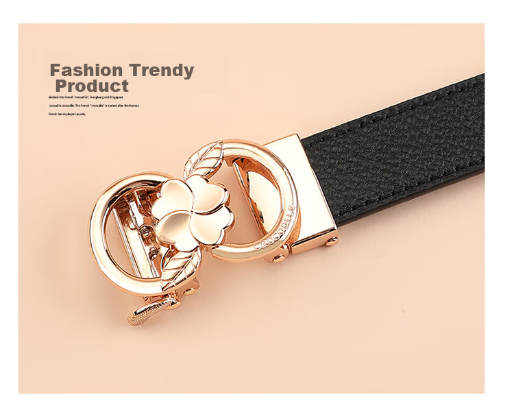 CROCODILE Top-Grain Leather Fashion Belt for Women, Automatic Buckle, Exquisite And Simple Waist Belt T3707 Black Gift Box Set 4