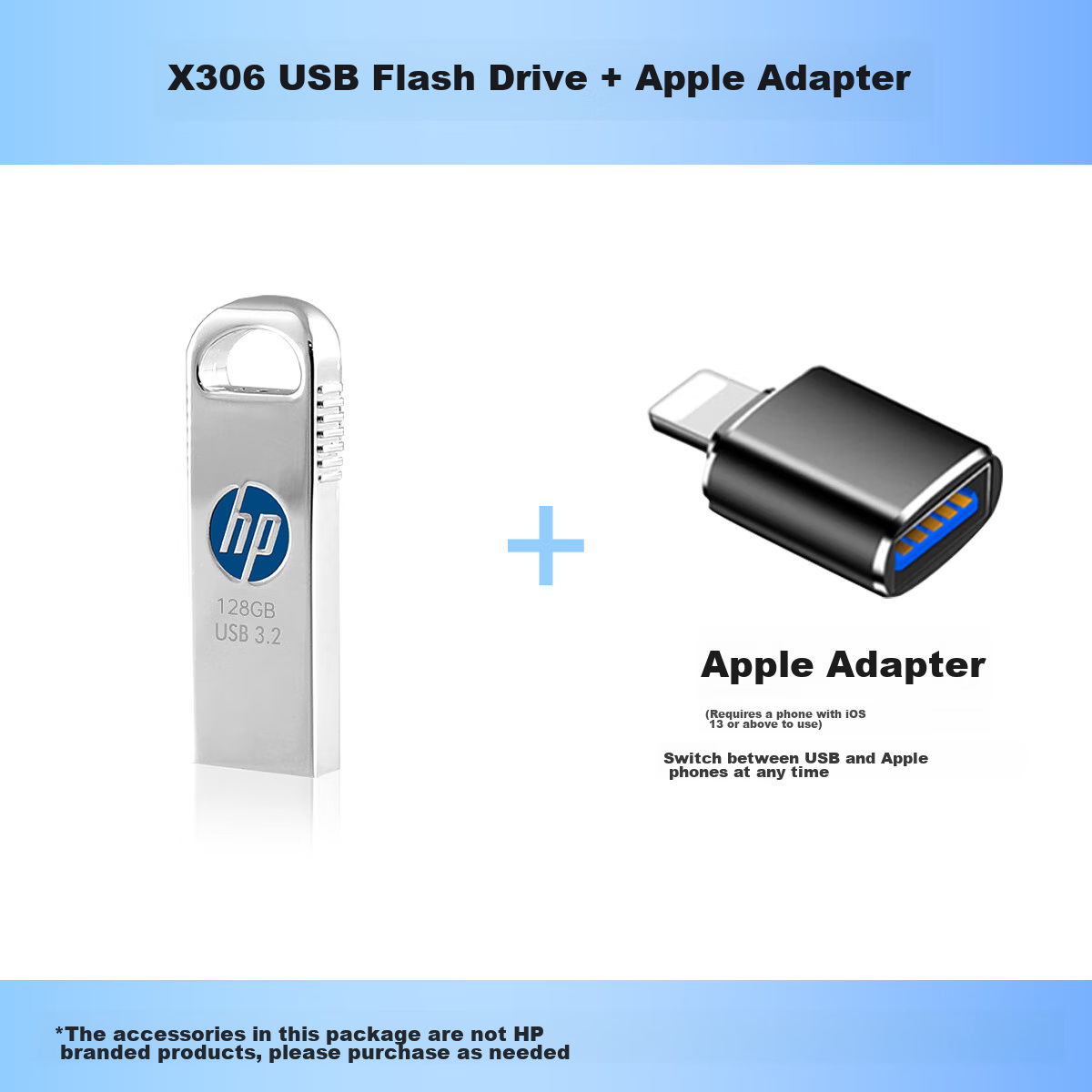 HP 128GB USB 3.2 Gen 1 Flash Drive with Apple Lightning Adapter X306w Metal High-Speed USB Drive for Study, Office Work And Car Computer 4