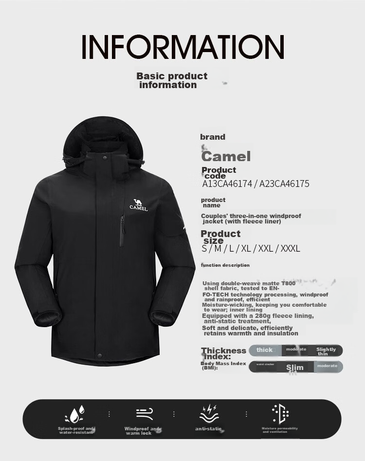 CAMEL Outdoor Jacket for Men And Women, 3-In Fleece-Lined Windproof Two-Piece Set, Autumn And Winter Coat, A13CA46174, XL 17