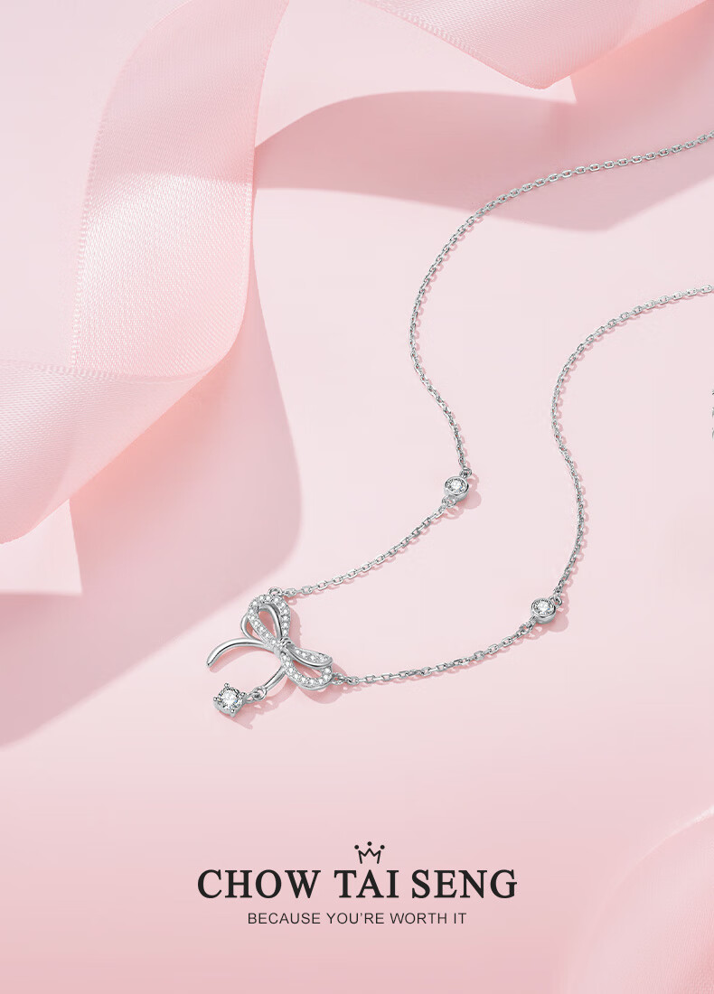 CHOW TAI SENG [Birthday Gift] Butterfly Knot Pure Silver Necklace for Women, Luxurious Niche High-End Collarbone Chain for Girlfriend 1