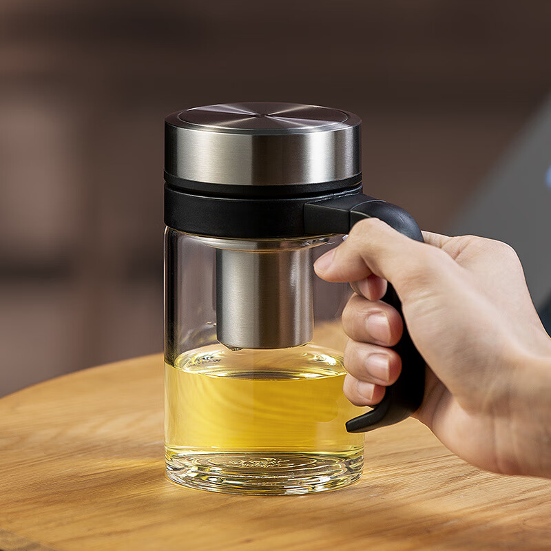 WANXIANG Single-Layer Glass Cup, 500ML, Titanium Silver Color, U219 Business Style with Tea Strainer, Portable Home Use Mug with Handle for Brewing Tea