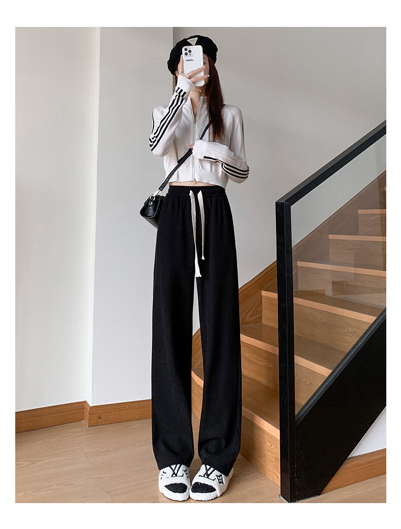 LangSha White Chenille Slim Wide-Leg Pants for Women, Spring And Autumn Thin Style, High-Waisted Draping Straight-Leg Corduroy Casual Sports Trousers 15