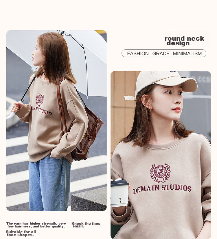 Dme Autumn And Winter New Commuter Round Neck Elastic Textured Letter Air Layer Sweatshirt Women's Top, Gray with Fleece Lining, Size S 6