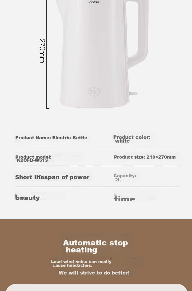 Joyoung Electric Kettle, 2L Large Capacity, 316L Stainless Steel Seamless Inner Tank, No Glue, Household Water Boiler, K20FD-W513 21