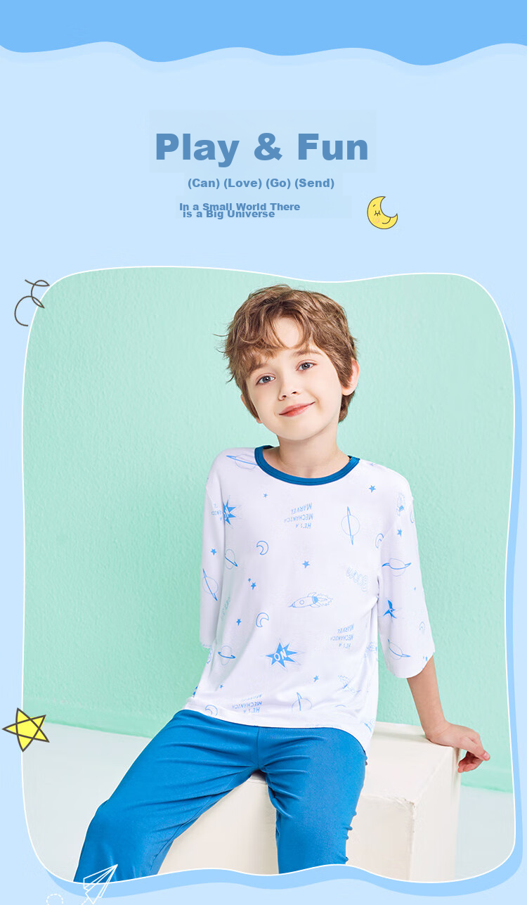 LangSha Children's Pajamas, Boys' Summer Thin Modal Sleepwear, Youth Three-Quarter Sleeve Home Wear Set, Blue, Size 120 6