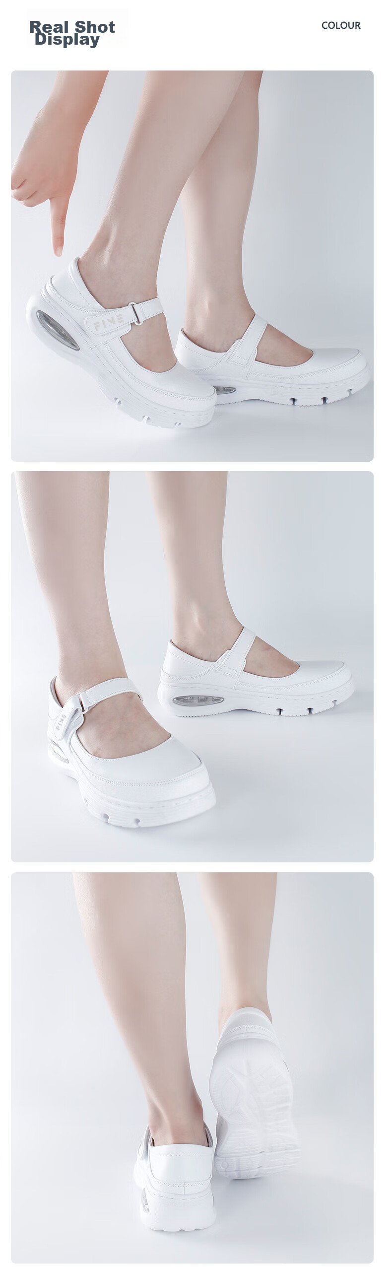 Feiying Air Cushion Nurse Shoes for Women, Spring And Summer Style, Genuine Leather, Glossy Surface, Velcro Medical Work Shoes 2-2013 White 40 10