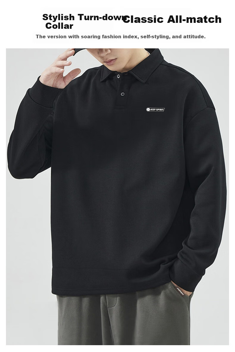 JEEP SPIRIT Men's Long Sleeve Polo Shirt Autumn Lapel Sweatshirt Loose Comfortable Sports Casual Top Black 2XL 2