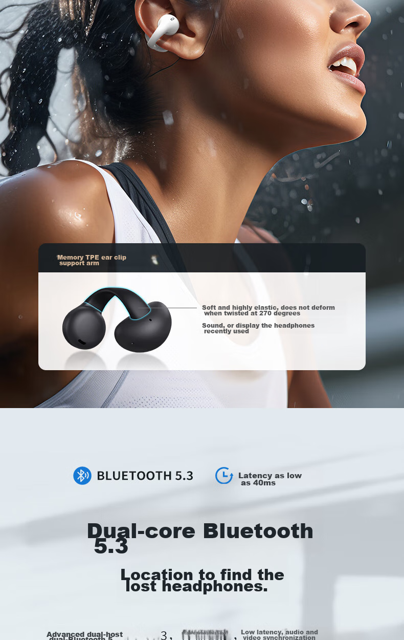 Holy Serpent Meteorite C2 True Wireless Bluetooth Headphones, Open-Ear Clip-On Bone Conduction Concept Upgrade, Air Conduction, Not In-Ear, Suitable for Sports Running, Noise Reduction, Compatible with Apple And Huawei 9