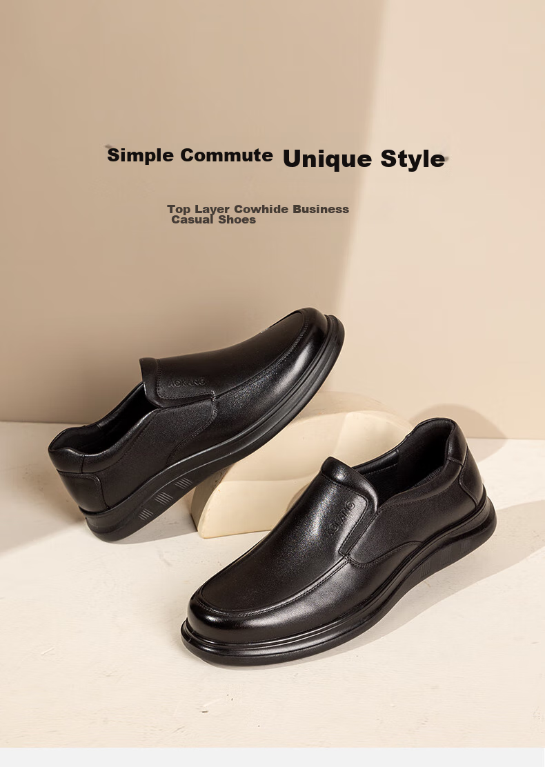 Aokang Business Casual Shoes for Men, Slip-On Cowhide Soft-Soled Comfortable Loafers, Black, Size 41 2