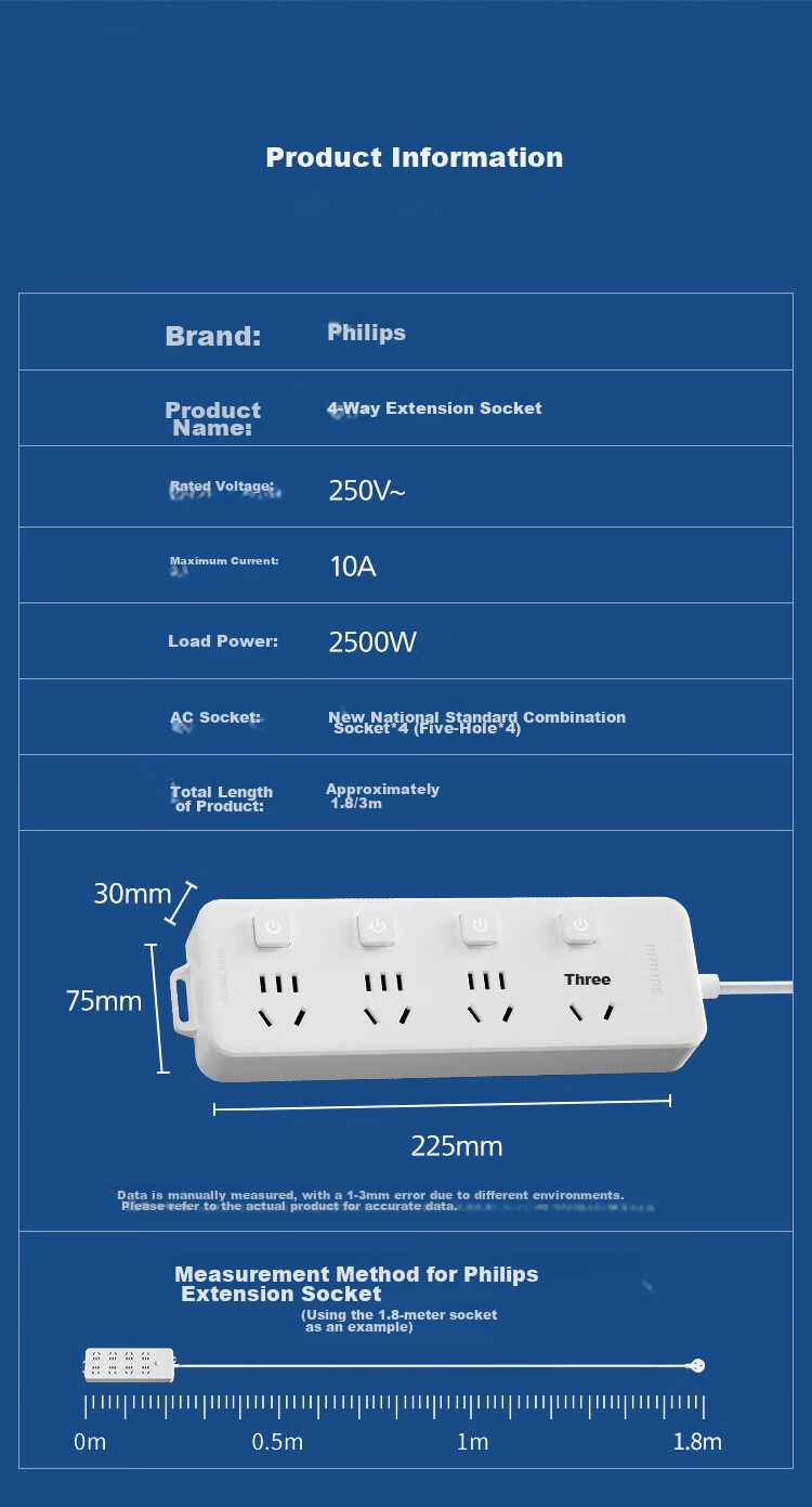 PHILIPS New National Standard Safety Power Strip Side Plug Socket 2.8m Split Control 6 Outlets Two-Prong Three-Pin Socket Travel Portable Multi-Outlet Extension Cord Power Board 13
