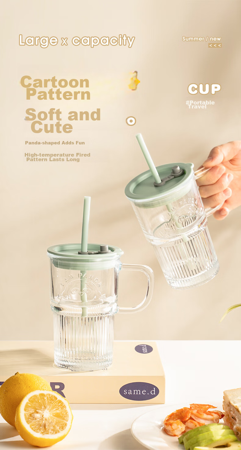 CAIZHI Glass Cup with Lid And Handle, Office Water Bottle with Straw, Large Capacity Cup, Transparent Mint Green CZ6940 11