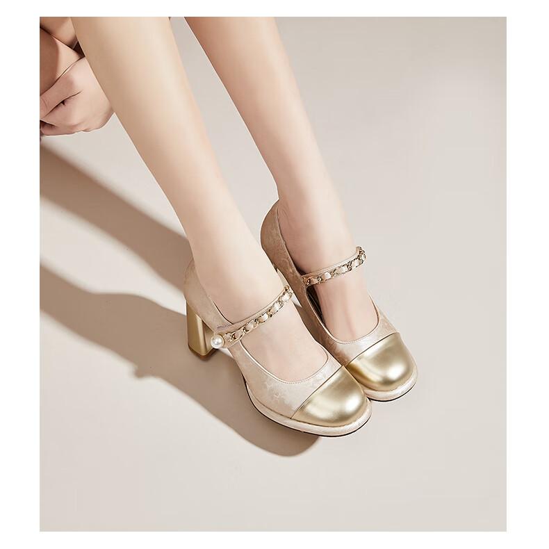Daphne Mary Jane Women's French Style Chunky High Heel Shoes Elegant Date Party Work Pumps Champagne Color Size 35 6