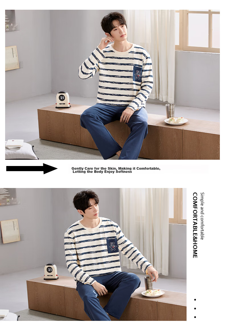 FENTENGCARE [100% Pure Cotton Breathable] Men's Pajamas, Spring And Summer Round Neck Pullover Long Sleeve Loungewear, Suitable for Outdoor Wear QH 13