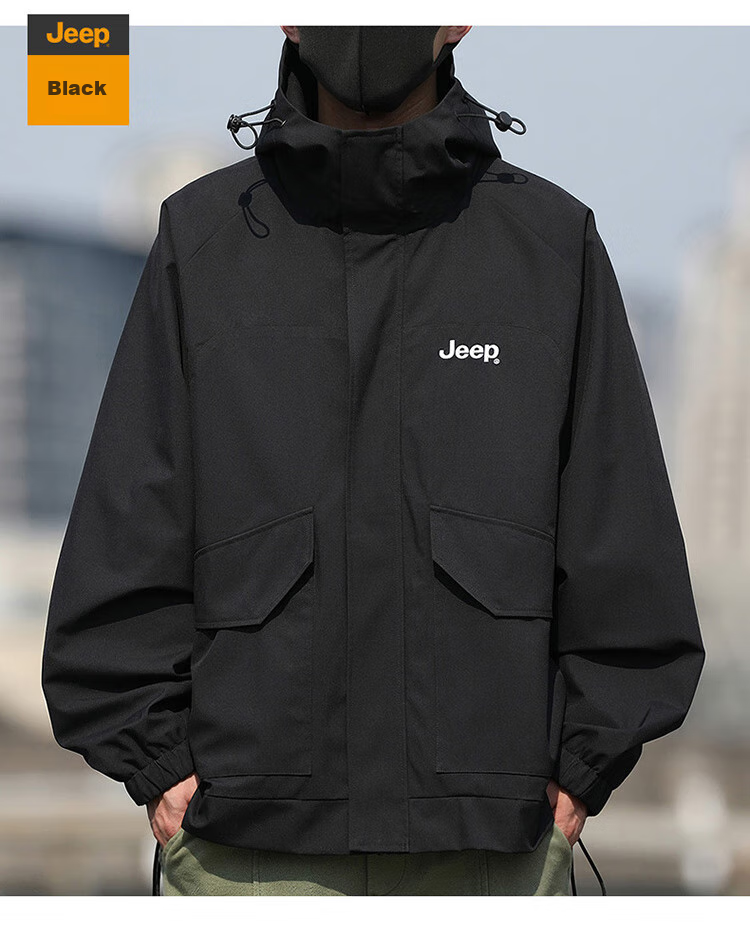 JEEP Men's Jacket, Spring And Autumn Outerwear, Loose Casual Workwear, Windbreaker for Men And Women, Couples' Clothing, Black, Size S 16