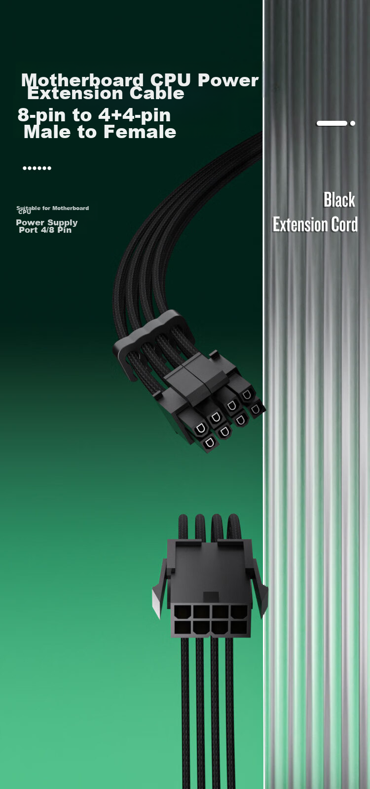 KELEPU Desktop Computer CPU Power Extension Cable, 8Pin to 4+4Pin Male And Female Extended Cord, Black, 300mm 2