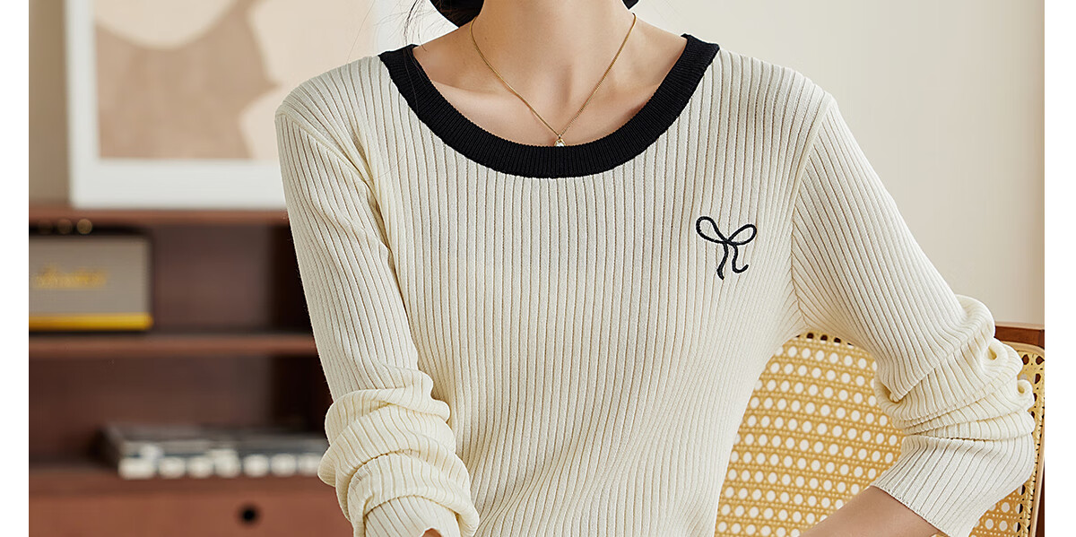 PinCai Women's Knit Sweater, Early Autumn Round Neck Bow Embroidery Knit Top, Slim-Fit Base Layer Sweater P143Z3009 54