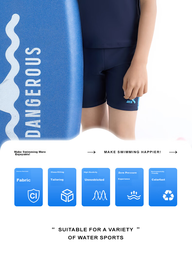 ANTA Children's Two-Piece Swimsuit for Boys, 2024 New Style, Big Kids Swim Trunks, Sun Protection Professional Swimming Set, Sky Blue, Size 170 2