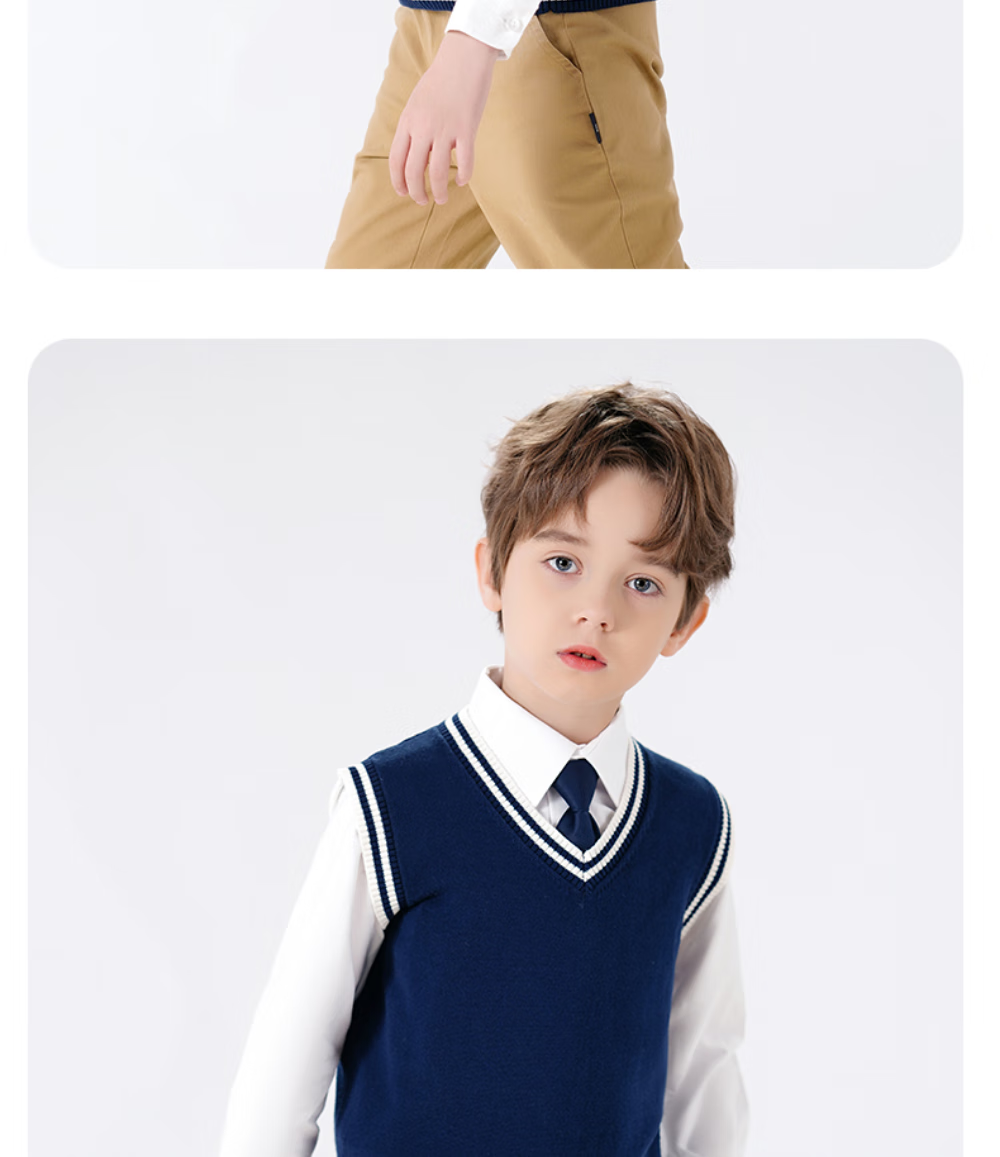Luomeng Children's School Uniform Spring And Autumn Boys Girls Knitted Vest Set, Navy Blue White Trim Knitted Waistcoat, Size 150 17