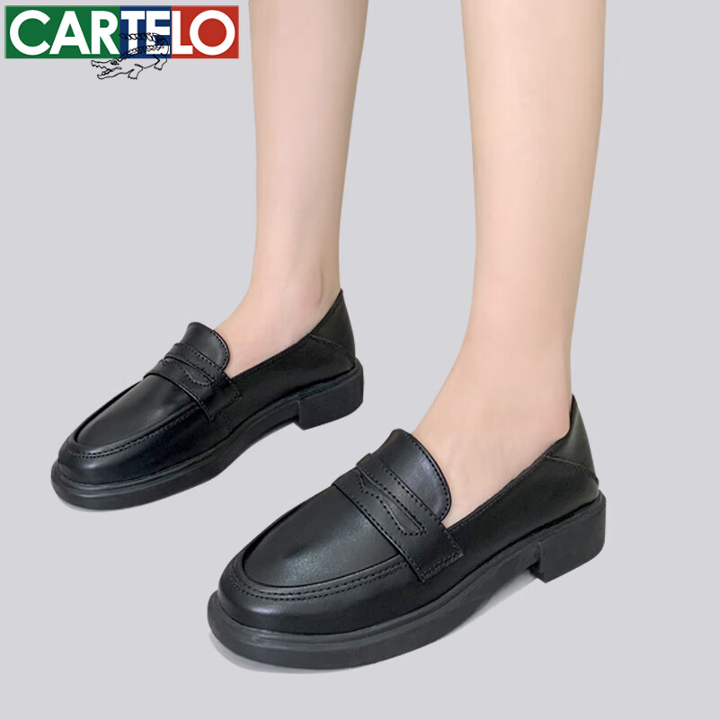 CARTELO Women's Slip-On Leather Shoes, Black, British Style Loafers, KDLYJ-WF120, Black, Size 35