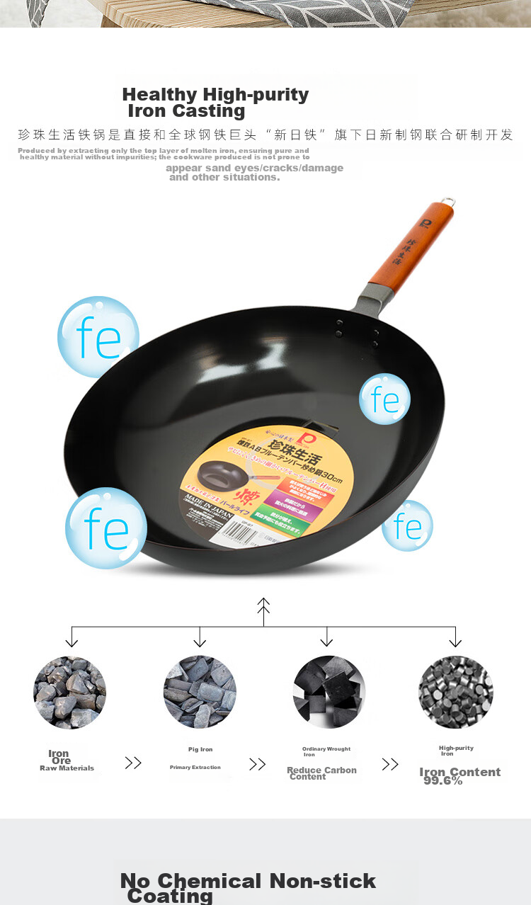 Pearl Life Non-Coated Iron Wok, Household Flat-Bottom Cooking Pan, Lightweight Healthy Non-Stick Cookware, Double-Sided Concave Deep Frying Pa 3