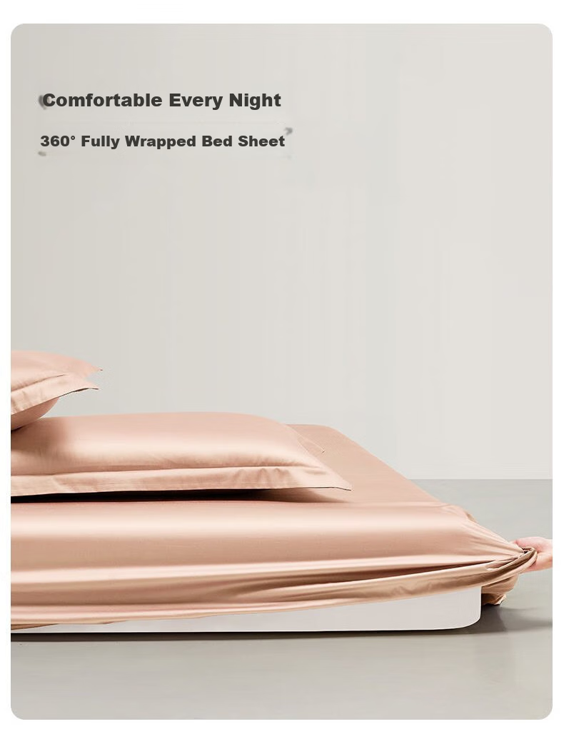 LOVO Luolai Light Luxury 100S Long-Staple Cotton Sateen Four-Piece Bedding Set, Double Bed Fitted Sheet Style, 200*230cm, Pink 10