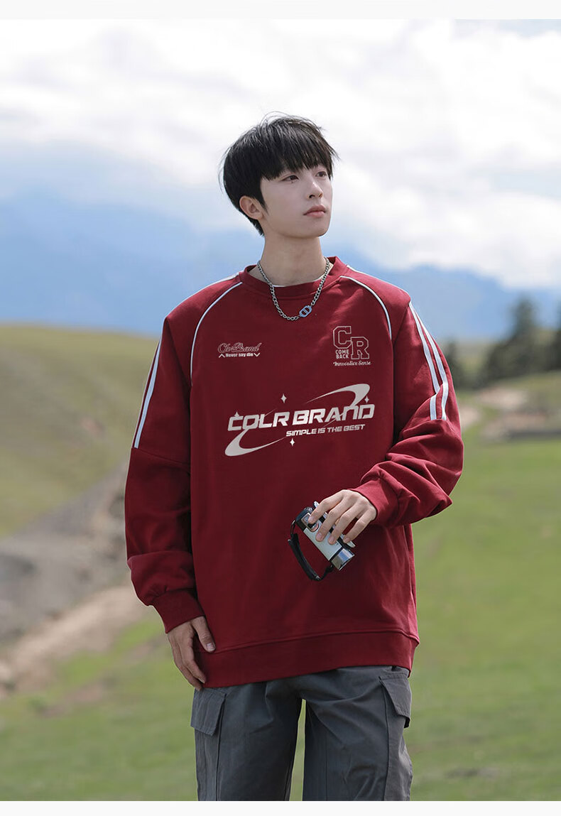 CLOR American-Style Striped Patchwork Sweatshirt for Men, Spring And Summer Style, Trendy Casual Loose Long-Sleeve T-Shirt WYC10 White M 16