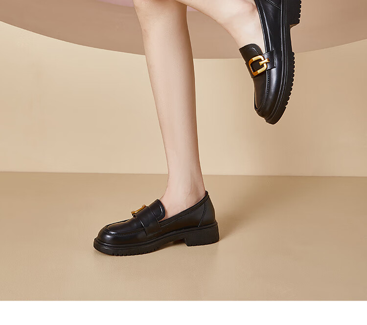 Dusto Black Thick-Soled Leather Shoes for Women, 2026 New Spring Slip-On Commuter Shoes, Soft-Soled British Loafers 7