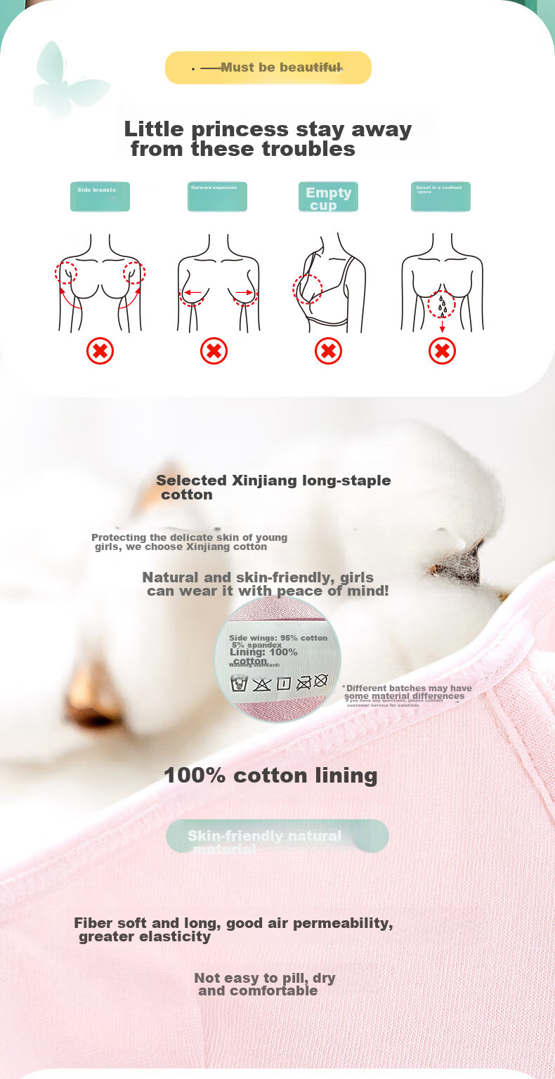 FitonTon 2-Pack Girls' Cotton Thin Bras for High School and Middle School Students Summer Developmental Bra 2
