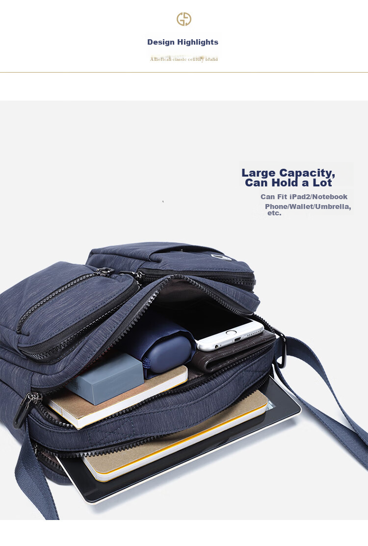 GOLF Nylon Shoulder Bag, Large Capacity Messenger Bag for Men, Multifunctional Crossbody Bag, Model 5I396466J, Blue-Gray Color 7