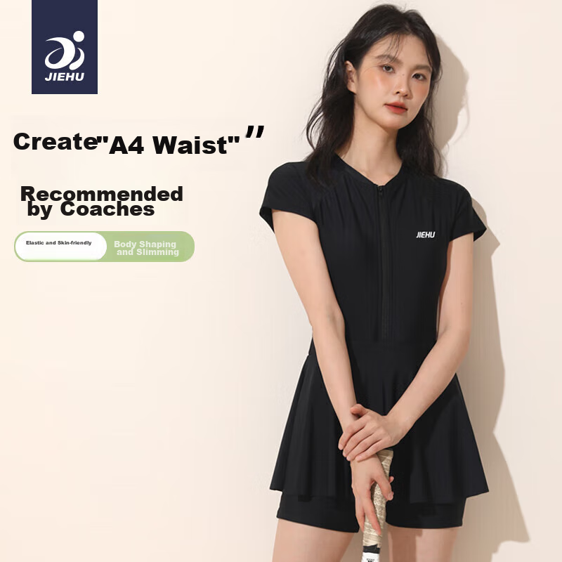 Jiehu One-Piece Swimsuit Dress for Women, Conservative Swimwear for Hot Springs, Tummy Control, Slimming, Chlorine-Resistant, Quick-Drying, Black And White, XXXL