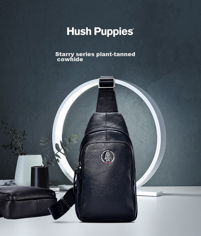 Hush Puppies Chest Bag, Men's Crossbody Bag, Waist Pack, Retro Casual Large Capacity Men's Bag, Vegetable Tanned Leather Sports Shoulder Bag, Gift 1