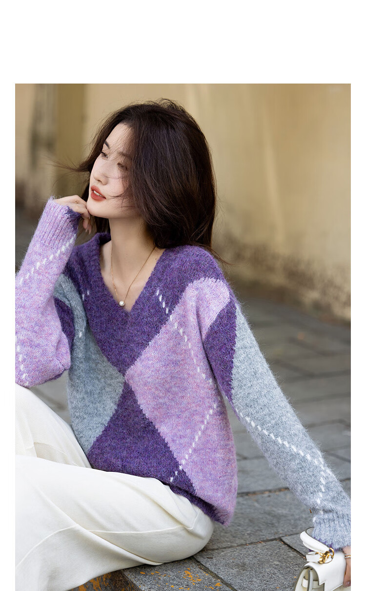 Demana Winter Vintage V-Neck Colorblock Argyle Wool Blend Ribbed Drop Shoulder Loose Knit Sweater for Women 3