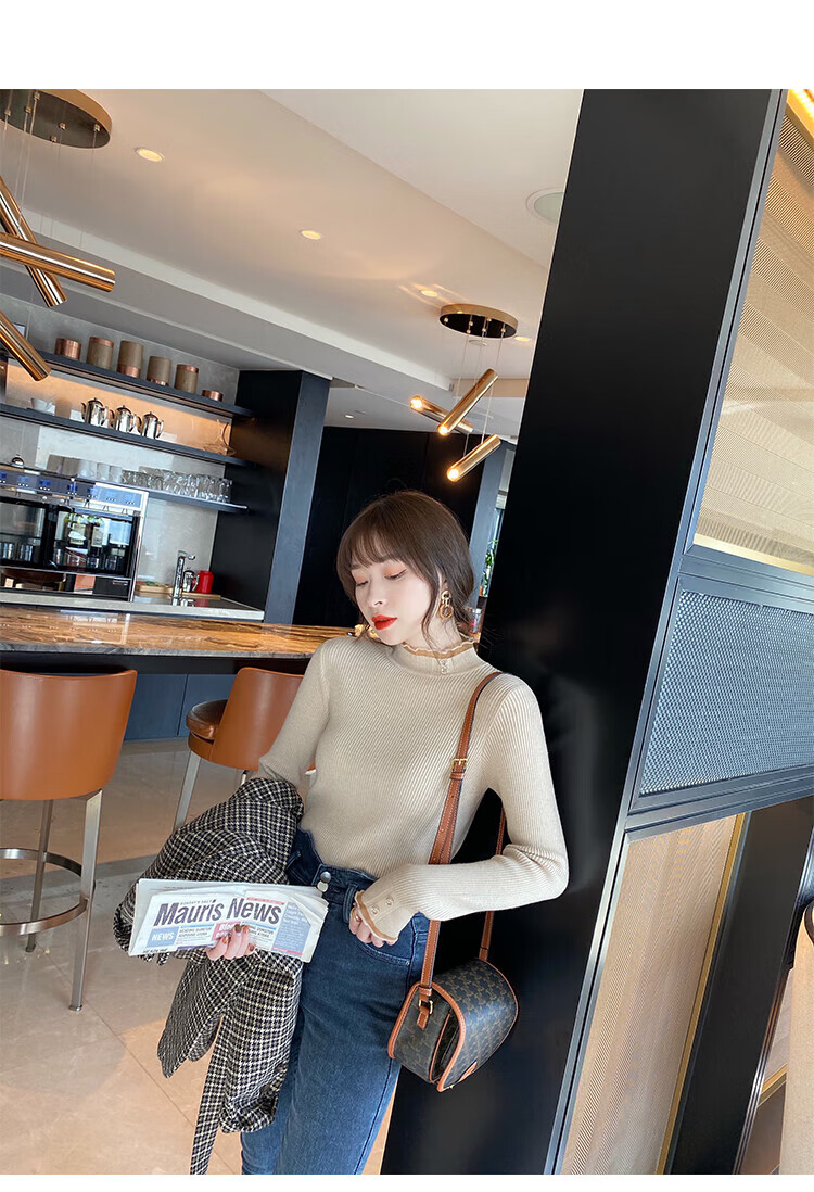 LangSha Women's Sweater Autumn Winter 2025 New Stylish Knitwear Semi-Turtleneck Slim Lace Fleece Lined Base Shirt 6