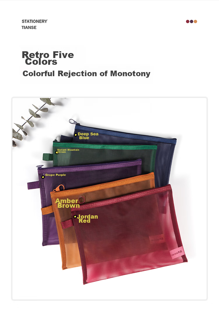 TIANSE Vintage Mesh Document Bag, Student A5 Transparent Stationery File Folder with Zipper for Exam Papers And Receipts Organization, A5 Set - 5 Colors, TS-254 2