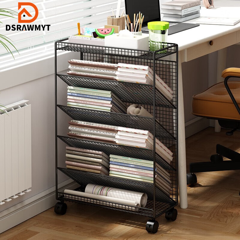 DSRAWMYT Bookshelf, Floor-Standing Storage Rack, Movable with Wheels, Book Storage Cabinet, Simple Bookshelf for Desk Side
