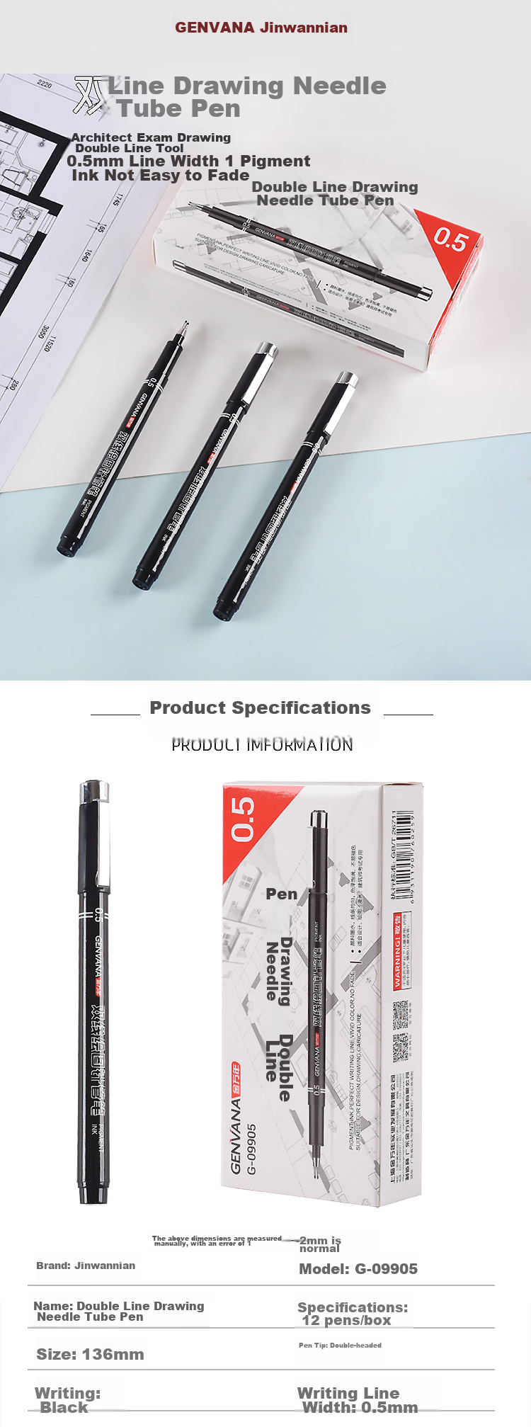 Genvana 0.5mm Double-Line Needle-Tip Pen Drawing Architect Exam Special Tool Dual-Tip Pen Line Pen, 1 Piece G-09905 1