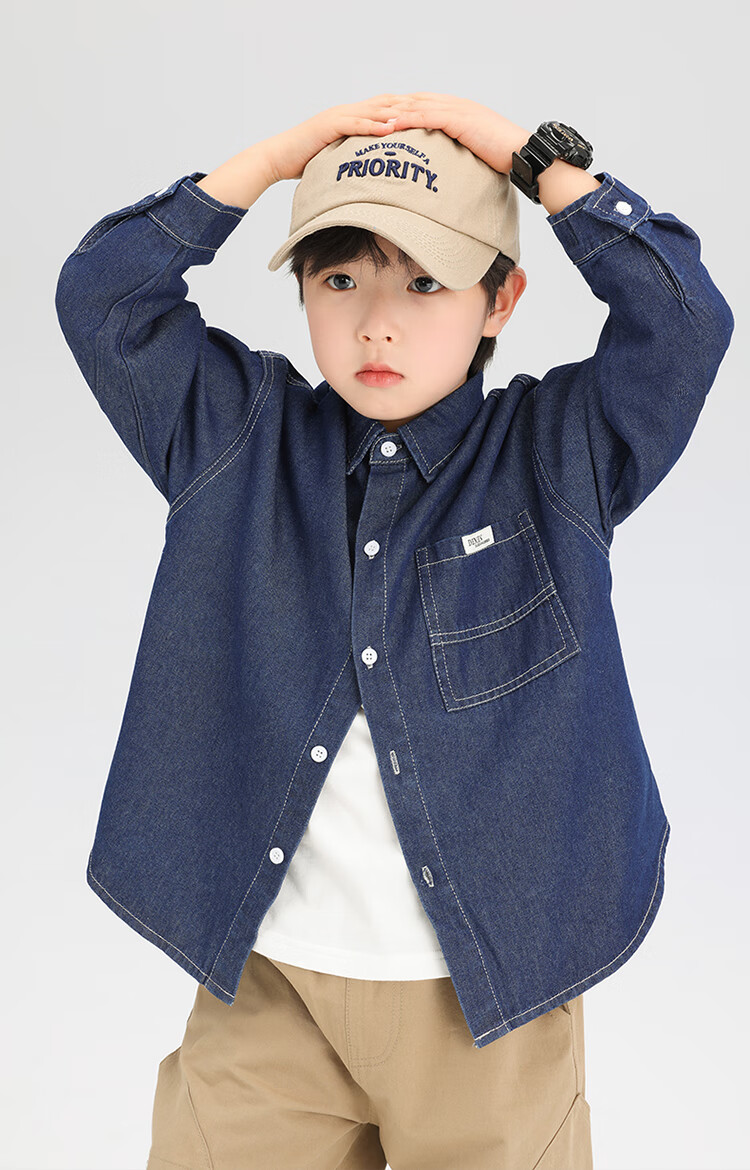 Zuo Xi Boys Denim Shirt Children's Jacket Long Sleeve 2025 New Spring Autumn Boys Shirt Dark Denim 160 2