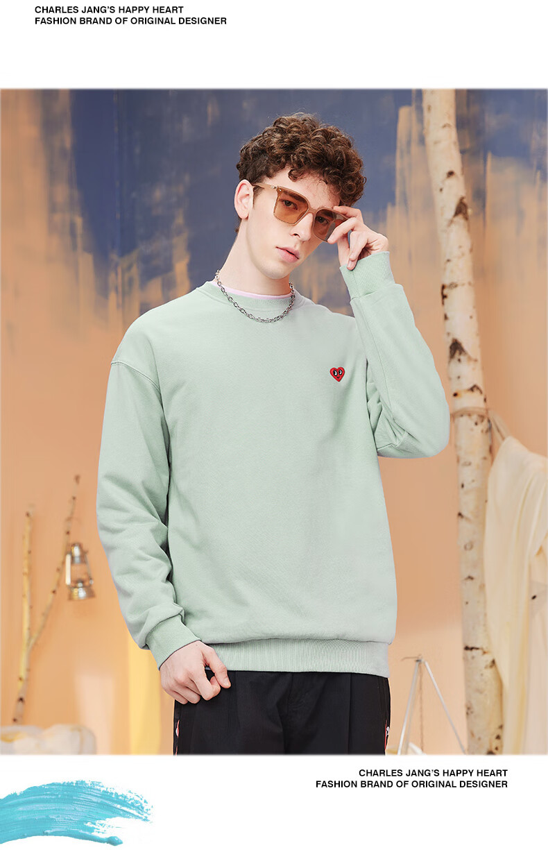 Chaersitaoxin [Bailu & Wang Churan Same Style], Pure Cotton Embroidered Crewneck Sweatshirt, Unisex Couple Style Base Layer, Light Khaki XL 8